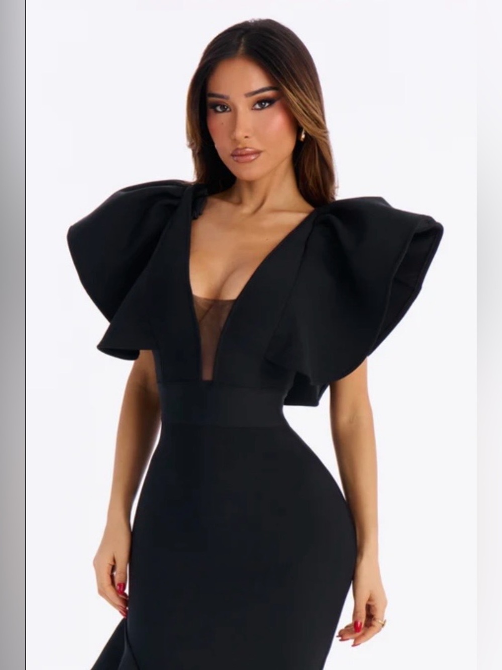 Elegant Black asymmetrical Ruffle Dress with Statement Sleeves - Picture 9 of 16